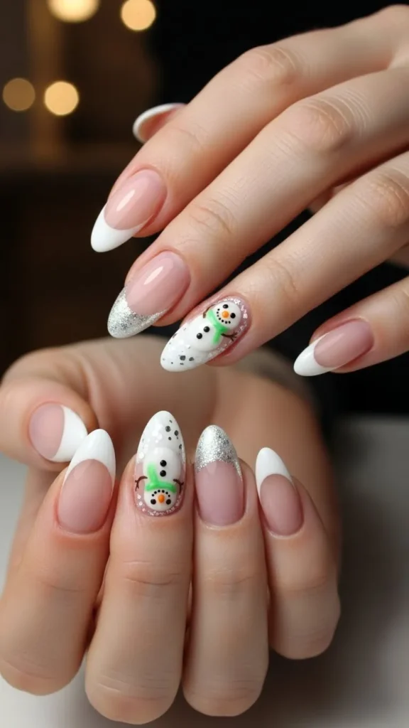 snowman-on-french-tip-nails