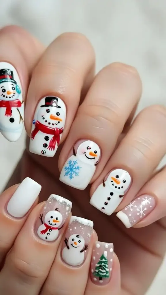 glittery-snowman-nails