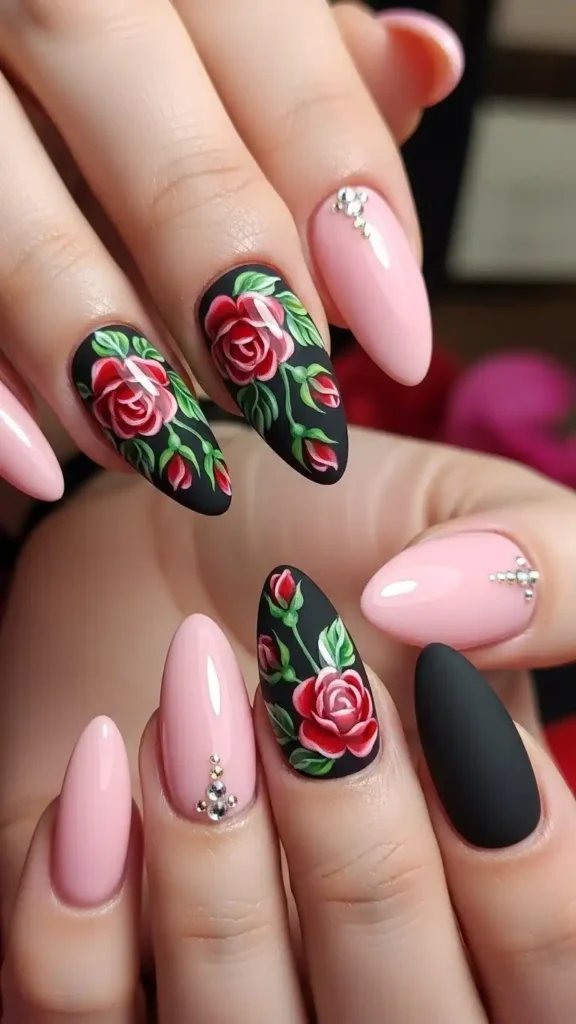 black-accent-nails-with-red-roses
