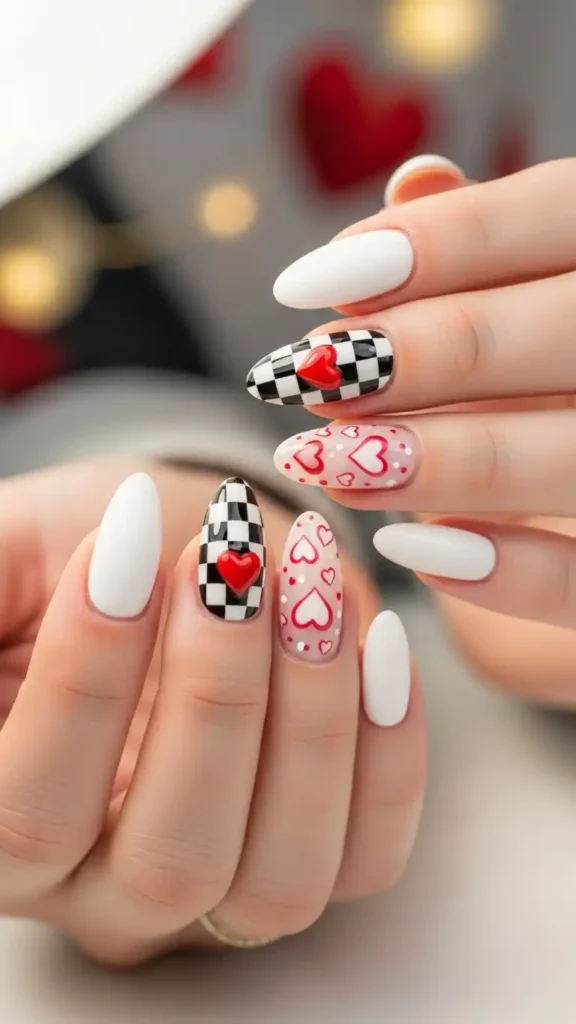 checkerboard-nails-with-heart-accent