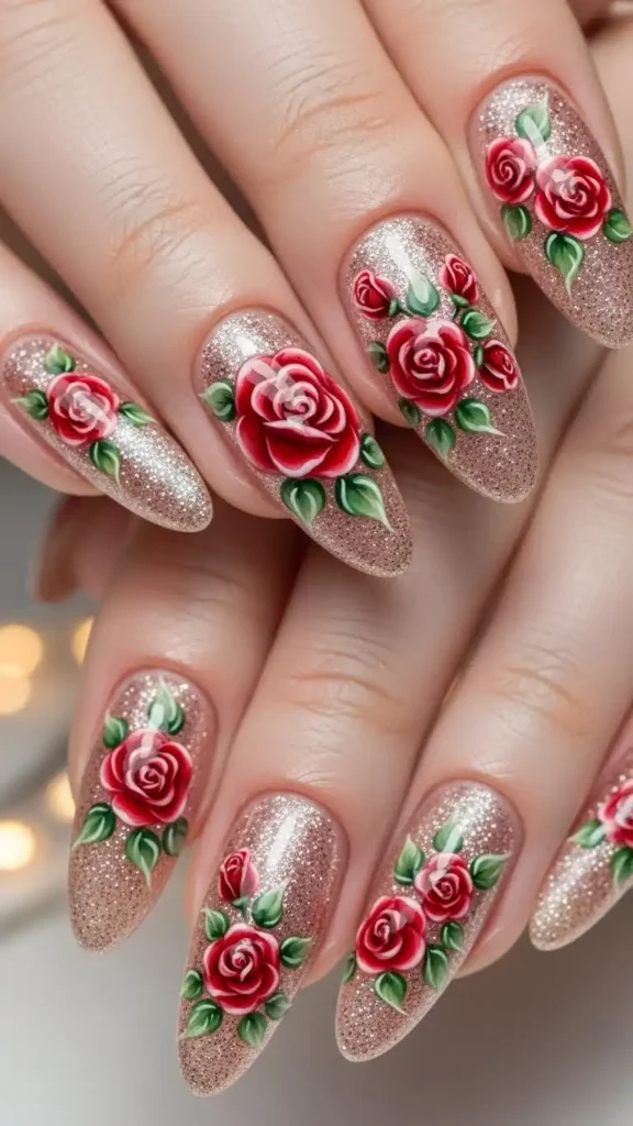 glitter-base-nails-with-red-roses