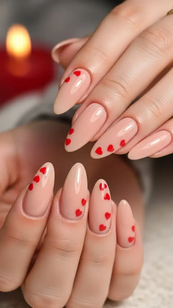 glossy-nude-nails-with-tiny-hearts