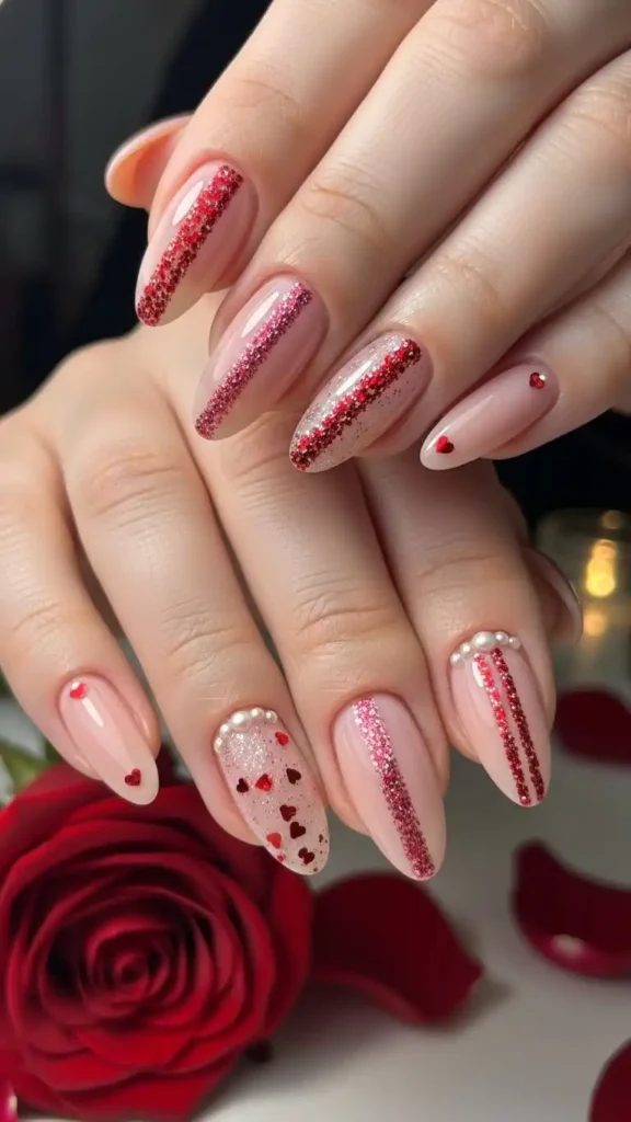 nude-nails-with-glitter-stripe-art