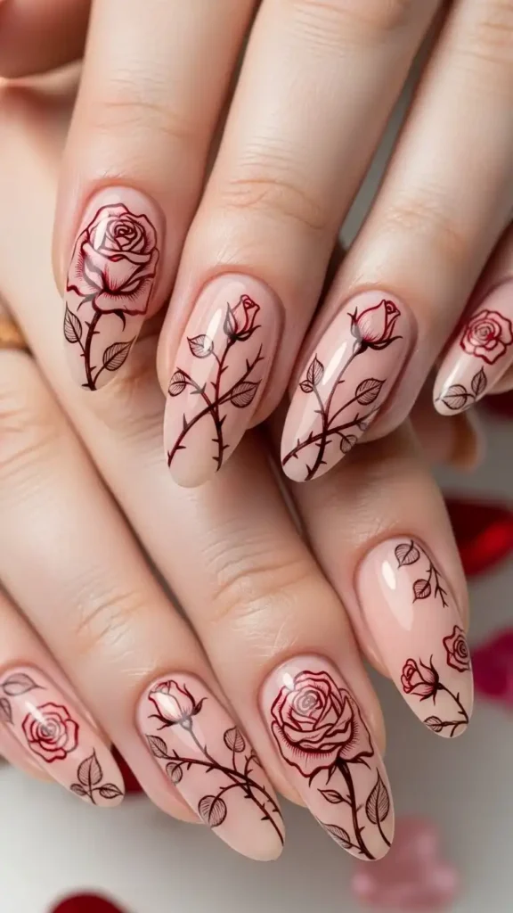 nude-nails-with-rose-line-art