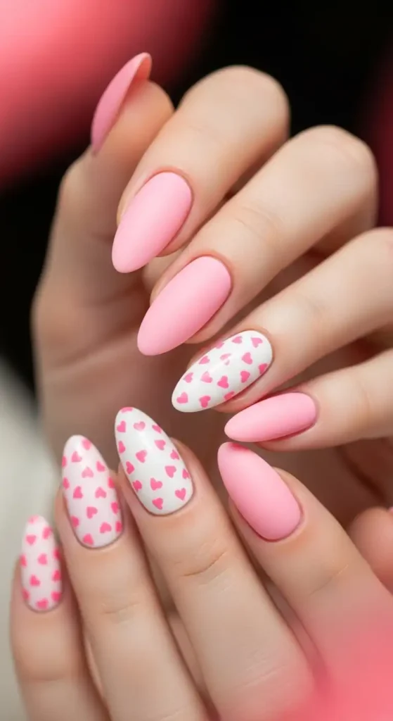 pink-nails-with-tiny-white-hearts-on-accent-nails.