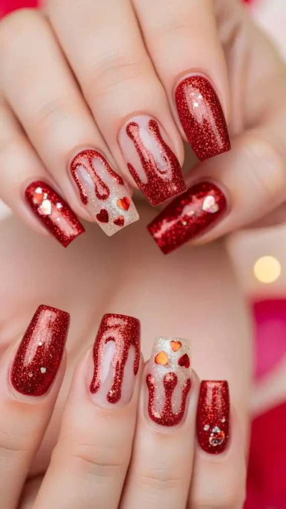 red-glitter-drip-nails
