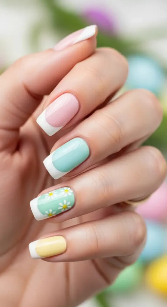 easter-pastel-and-white-french-tips-with-daisies