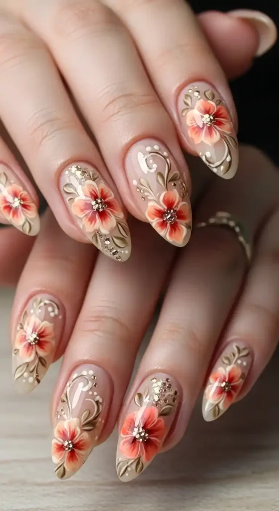 elegant-floral-almond-nails-in-warm-tones