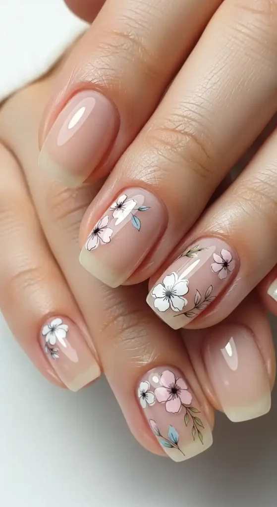 minimal-floral-stickers-on-glossy-nude-nails