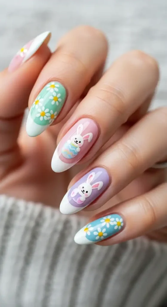 pastel-almond-french-tips-with-daisies-and-bunnies