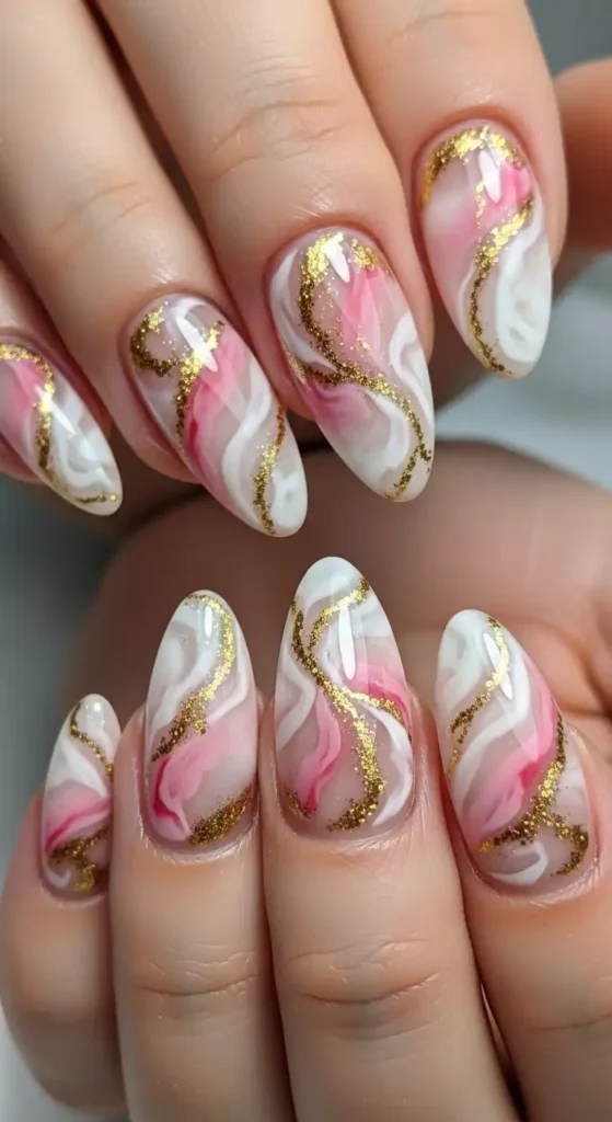 pink-white-and-gold-veined-nails