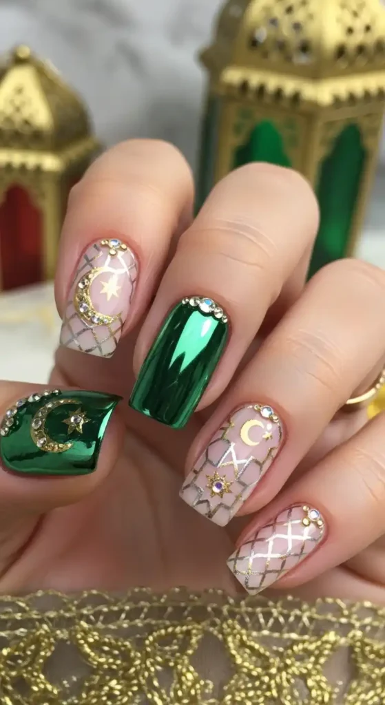 metallic-green-accent-nails