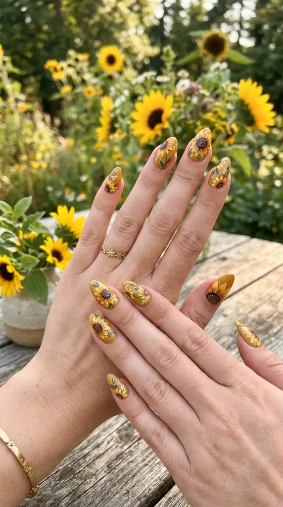 sunflower-nails-with-an-earthy-yellow-base