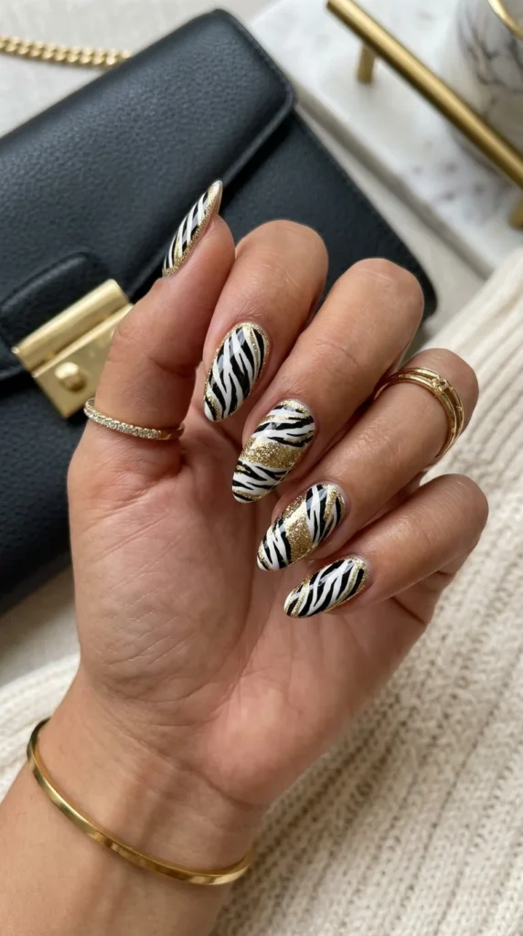 Gold-Accent-Zebra-Nails