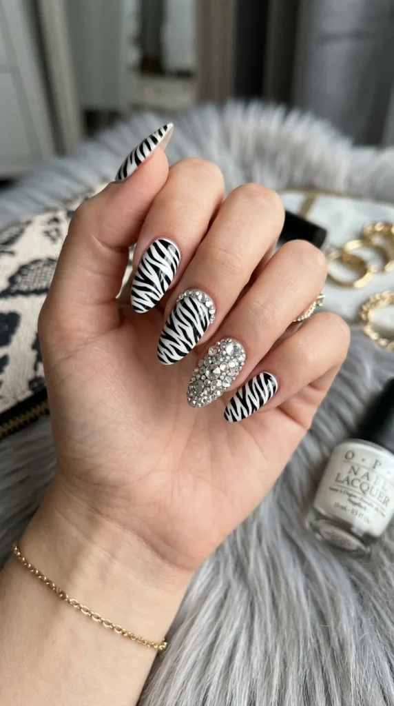 Zebra-Nails-with-Rhinestones