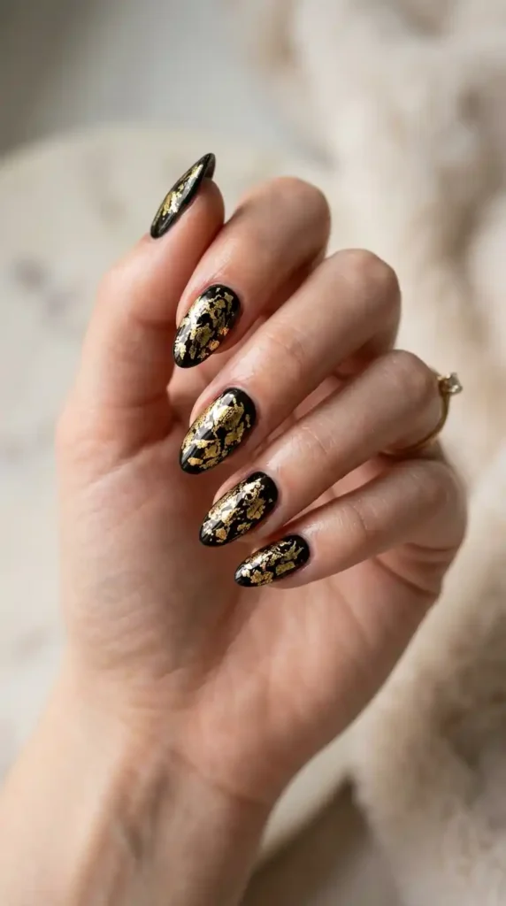 black-nails-with-cracked-gold-foil