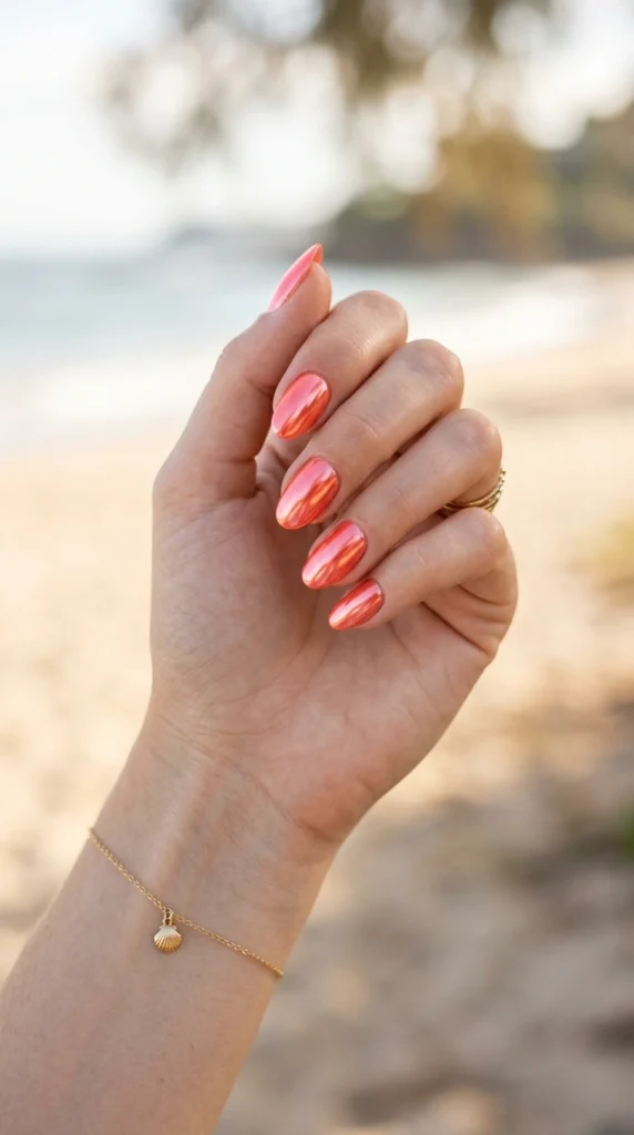 coral-chrome-shine-nails