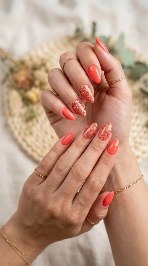 coral-glitter-accent-nails