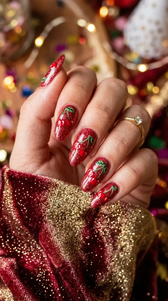 glitter-cherry-party-nails