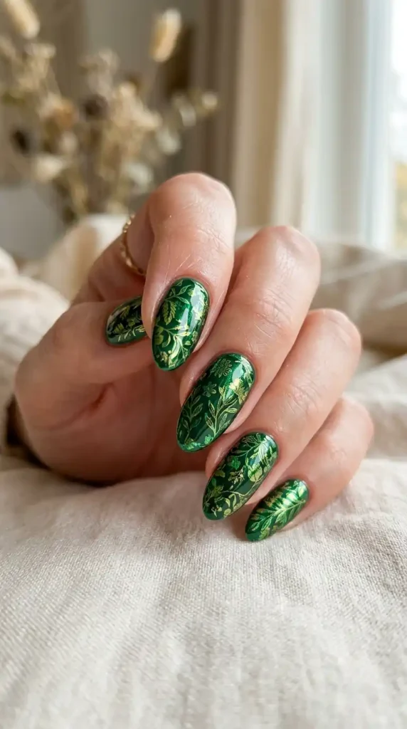green-foil-botanical-nails
