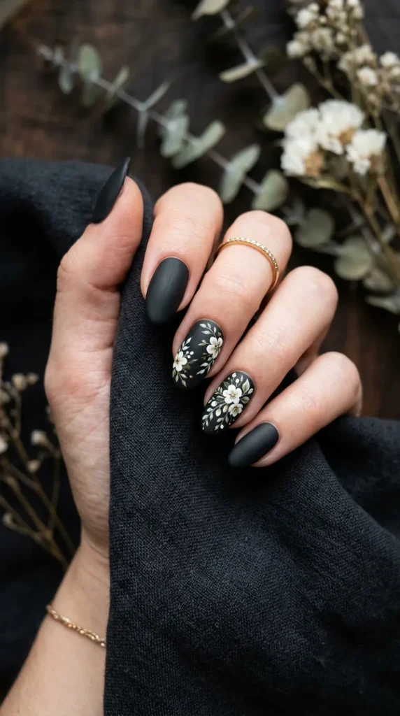 matte-black-floral-accent-nails