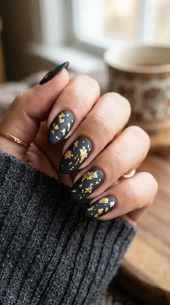 matte-nails-with-gold-foil-flakes