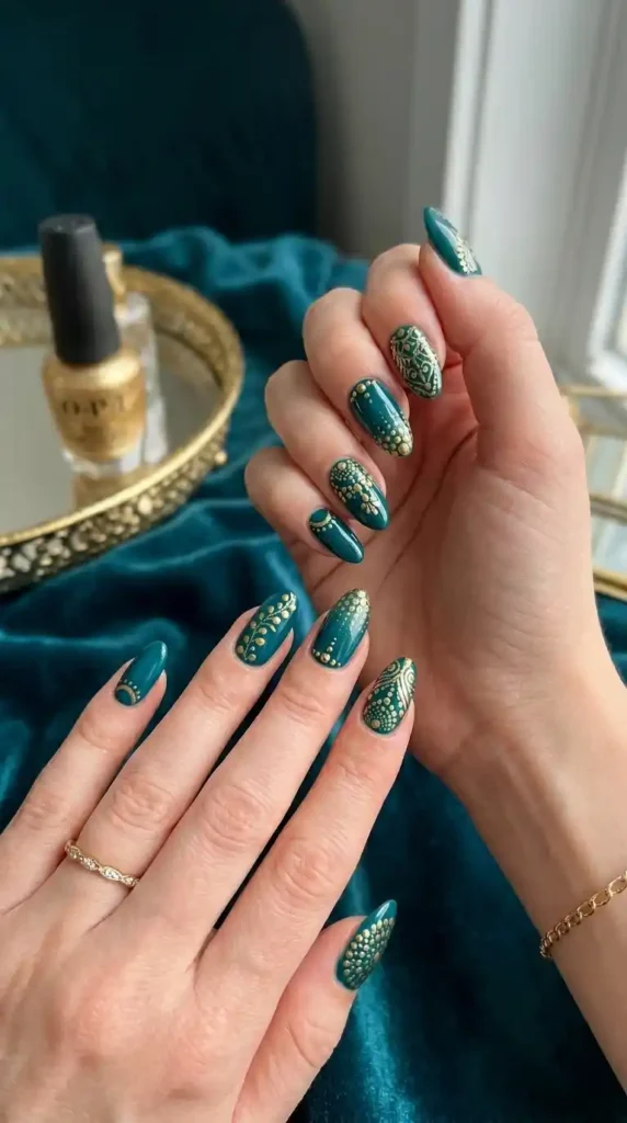 teal-and-gold-dotticure-nails