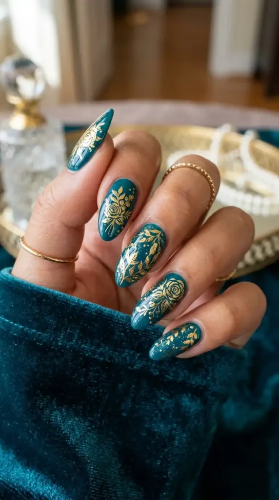 teal-and-gold-floral-nail-art