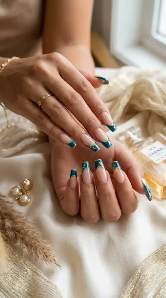 teal-and-gold-french-tip-nails