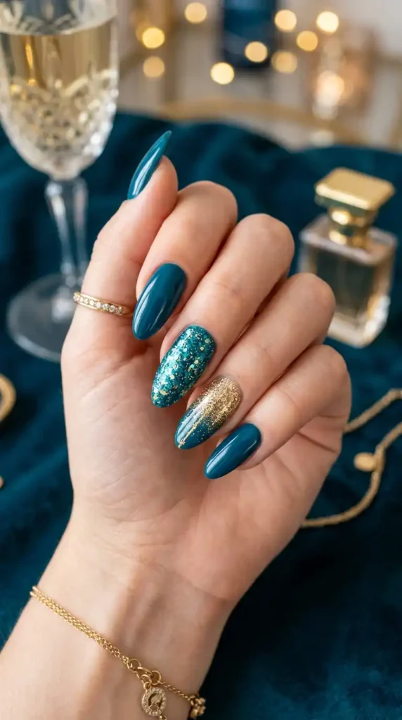 teal-and-gold-glitter-accent-nails