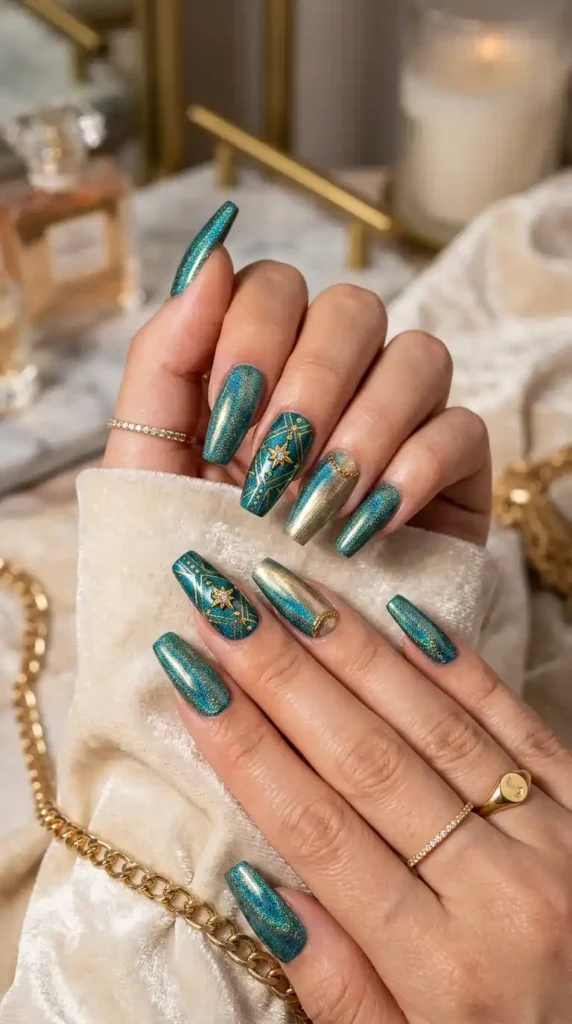 teal-and-gold-holographic-nails