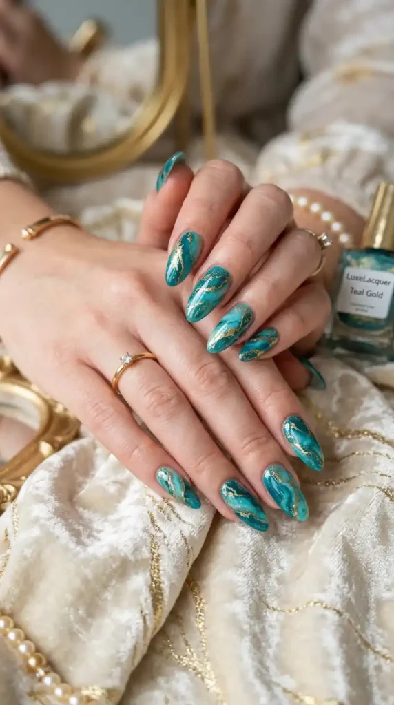 teal-and-gold-marble-nails