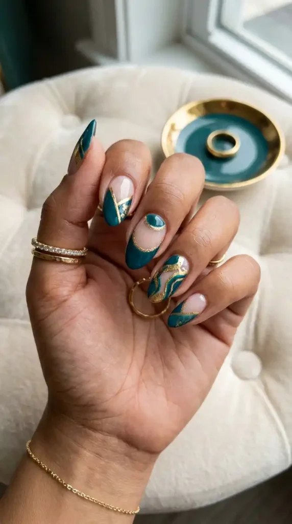 teal-and-gold-negative-space-nails