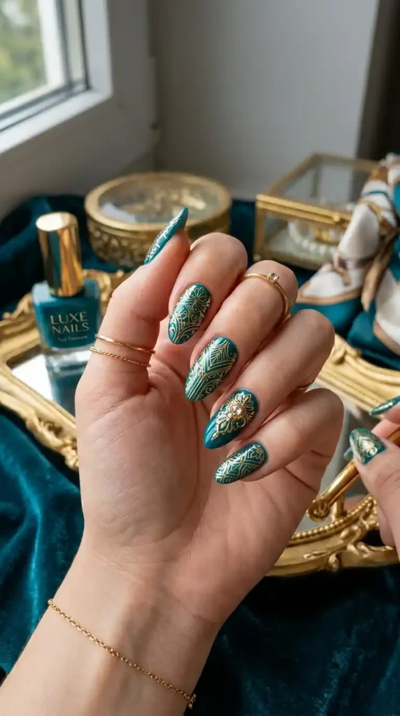 teal-and-gold-stamped-nails