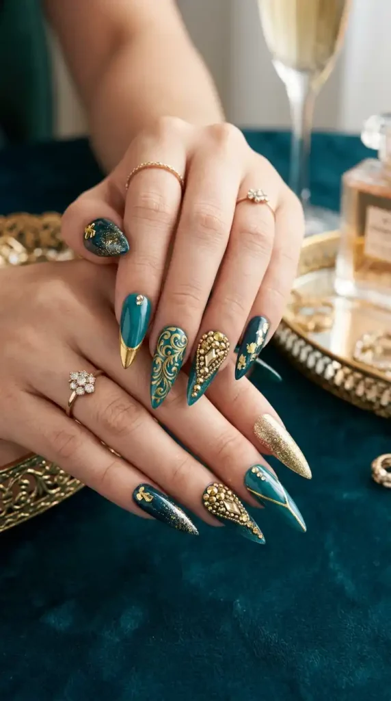 teal-and-gold-stiletto-nails