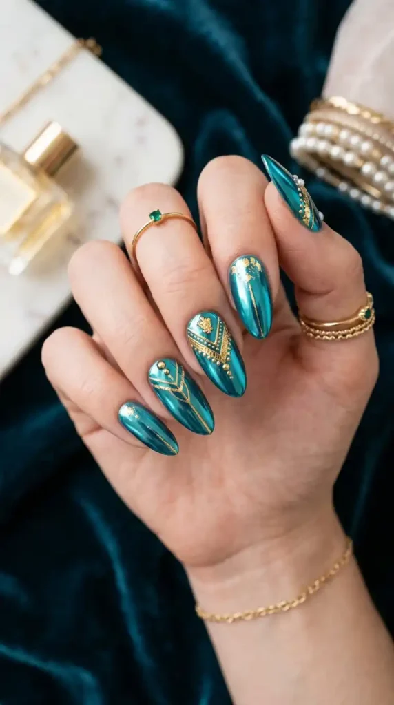 teal-chrome-nails-with-gold-details