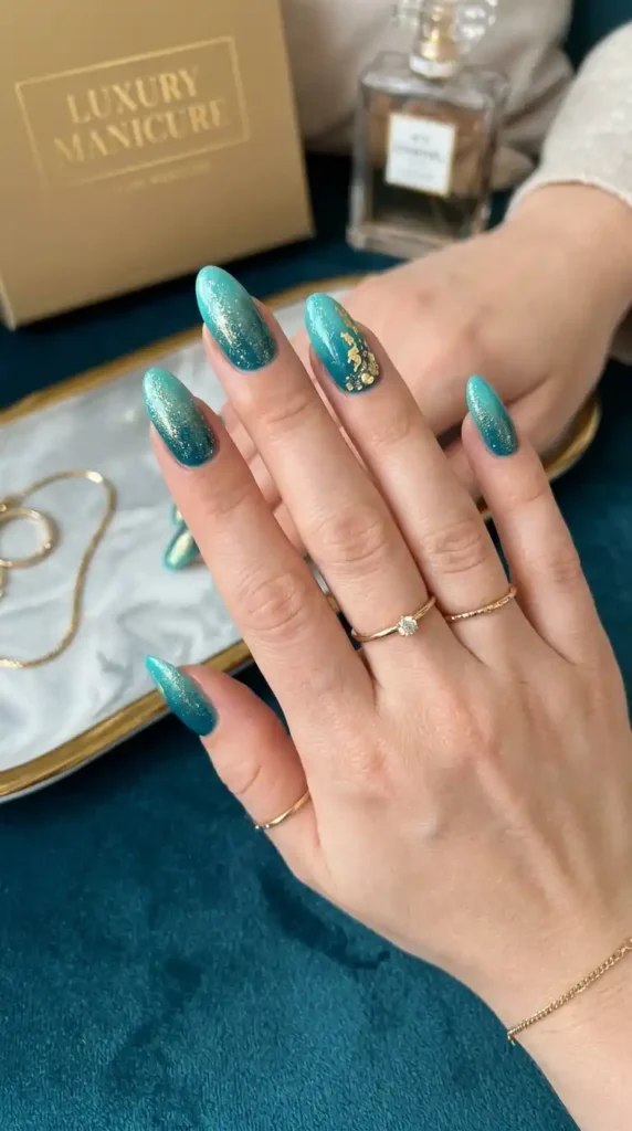 teal-ombre-nails-with-gold-shimmer