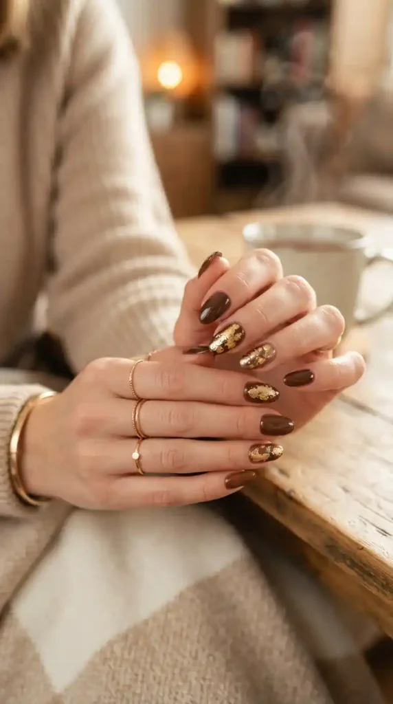 brown-and-gold-foil-nails