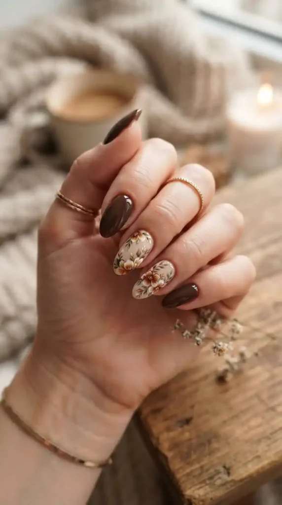 brown-floral-accent-nails