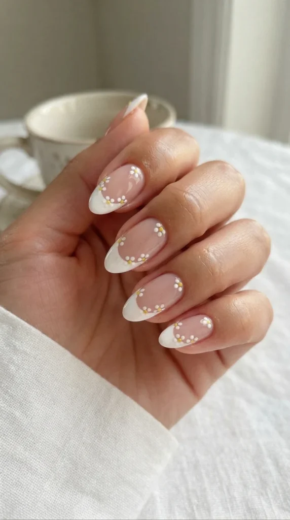 classic-blue-french-tips-with-tiny-white-flowers
