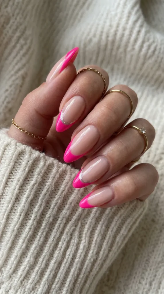 hot-pink-french-almond-nails