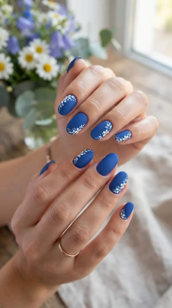 matte-blue-nails-with-white-floral-corners
