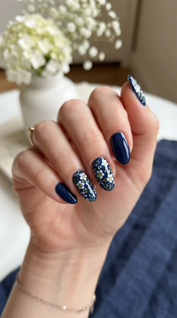 navy-blue-accent-nails-with-white-blossoms