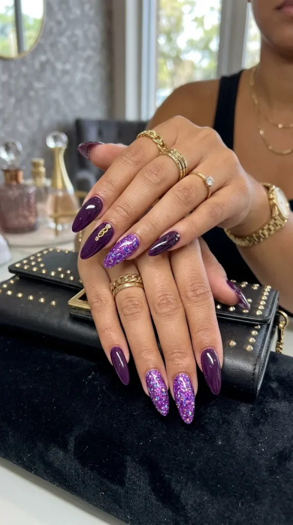 purple-glitter-accent-nails