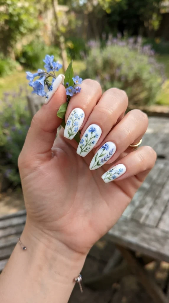 white-nails-with-blue-wildflower-branches